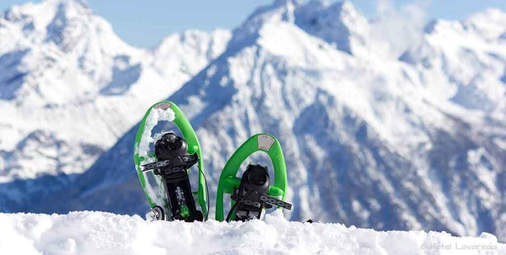 Due ciaspe inpiantate nella neve tra le montagne